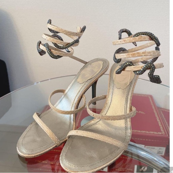 Rene Caovilla Beige and Black Snake Sandals